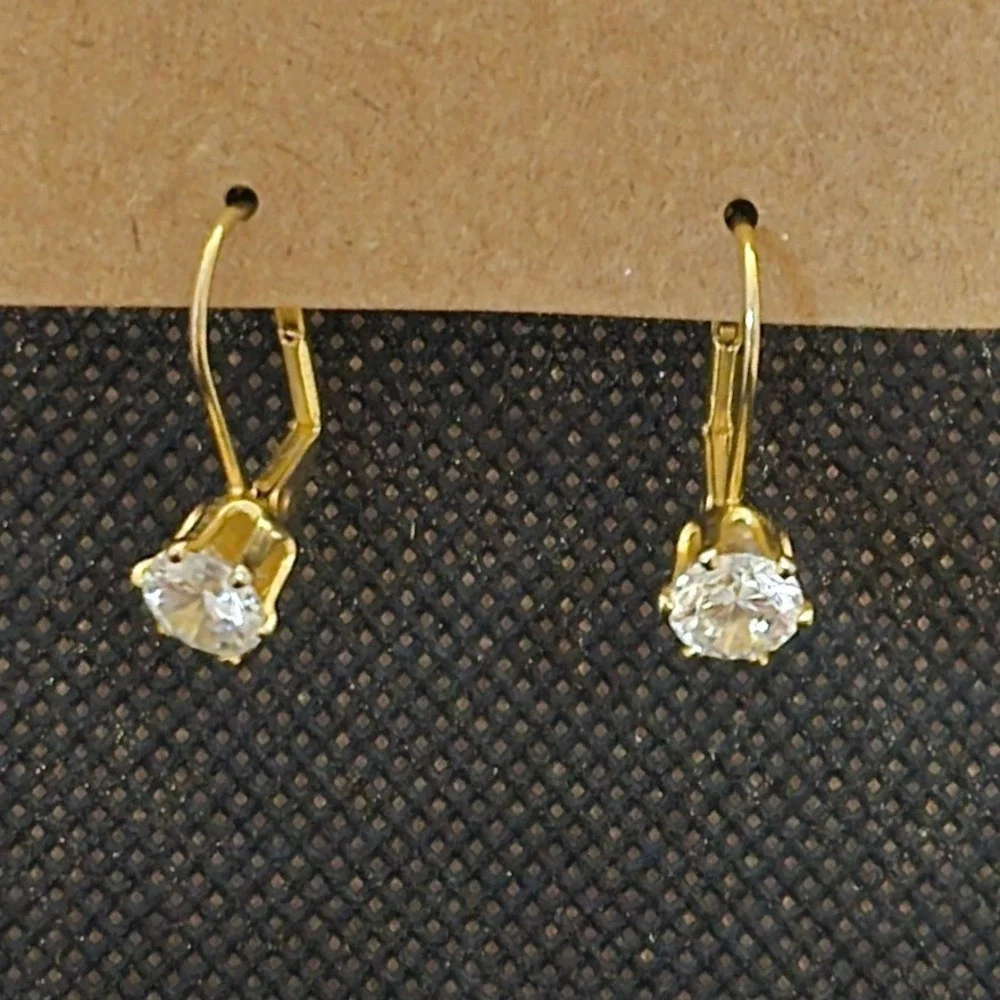 Gold Tone Round Cut Clear stone Leverback Drop Earrings Womens Jewelry